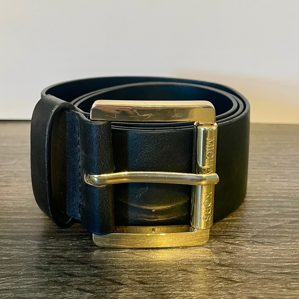 Michael Kors Black Leather Belt with Gold-Tone Buckle